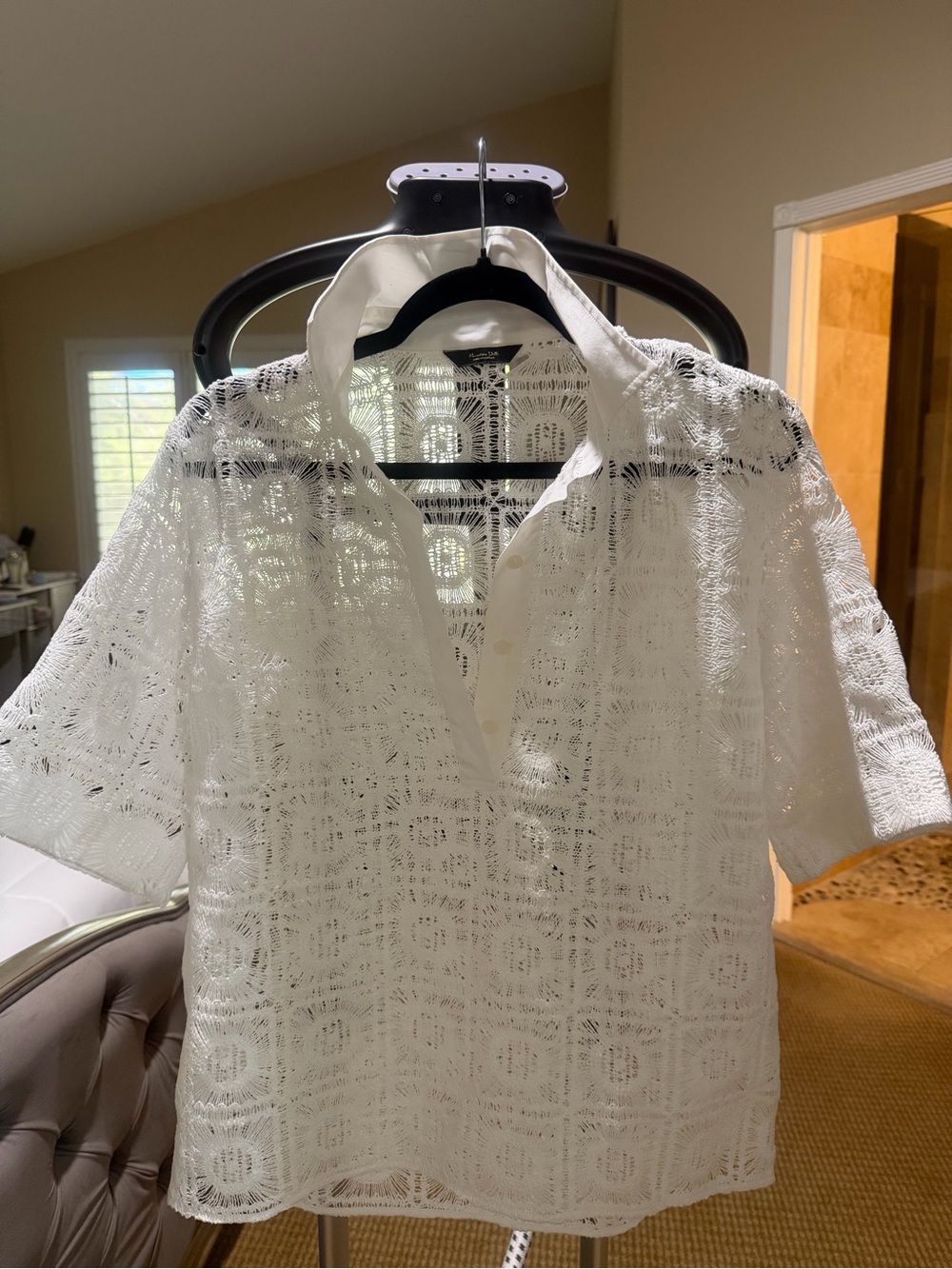 Massimo Dutti White Lace Button-Down Shirt & Layered Mini Skirt Set